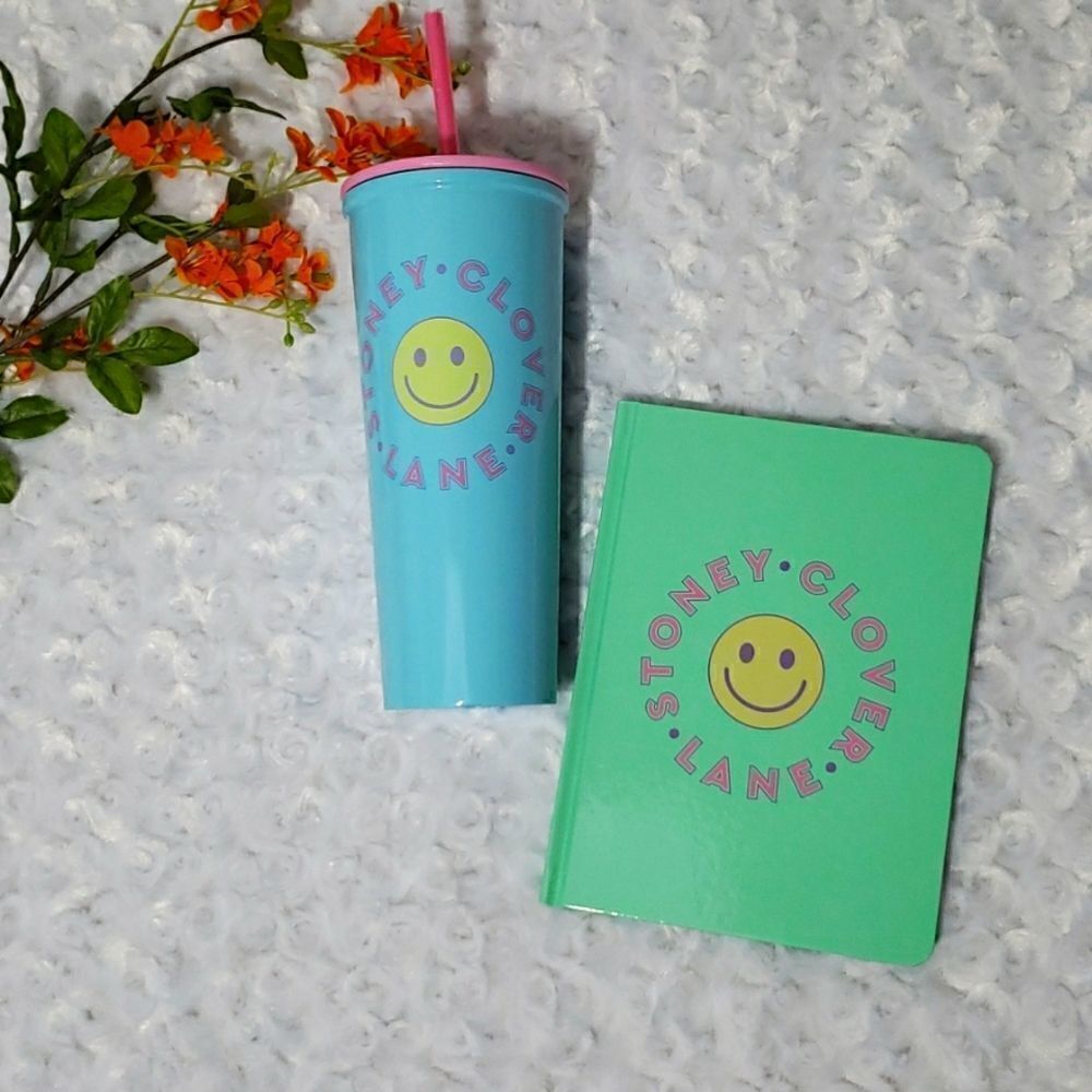 Stoney Clover Lane x Target 23oz insulated blue tumbler and green notebook
